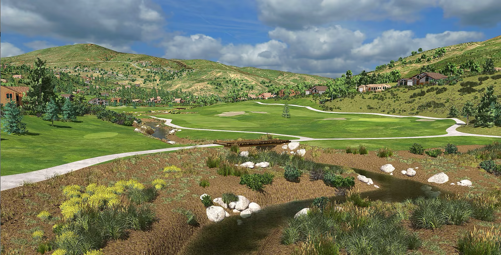 Jeremy Ranch golf fairway, stream, and bridge, with homes on the hills
