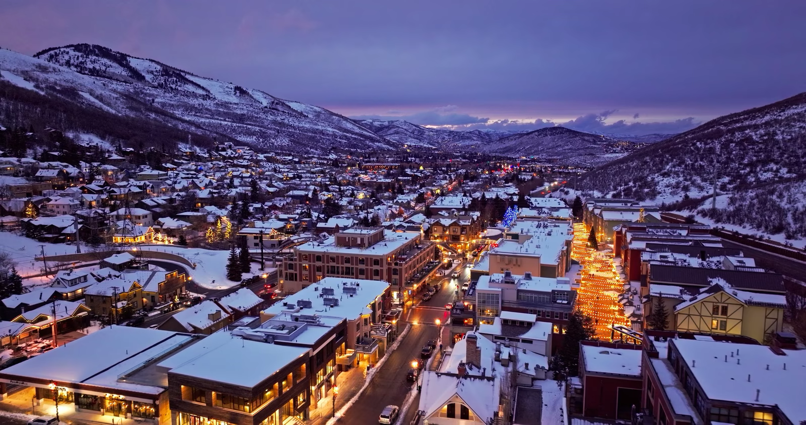 Old Town Park City and Main Street at dusk in winter