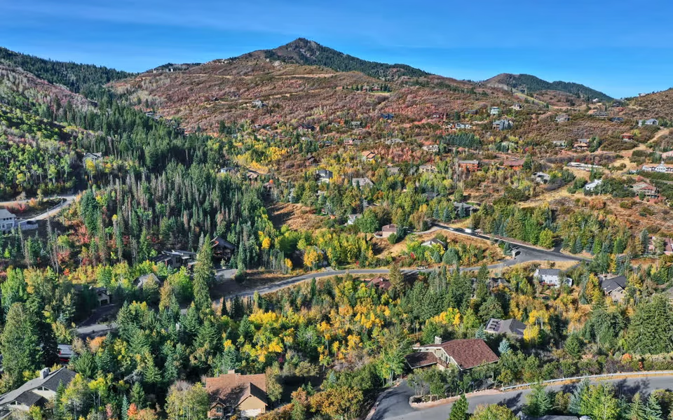 Aerial view of Pinebrook homes in Park City in fall