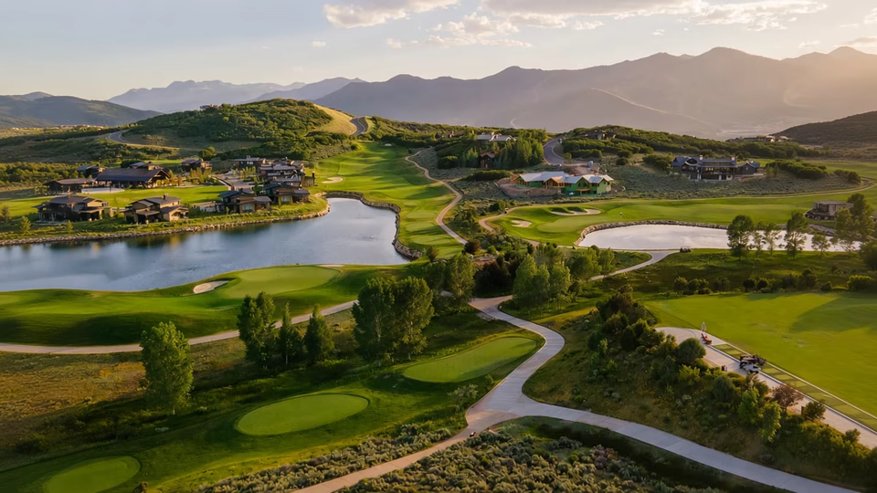 Aerial of Talisker golf, homes, and the mountains