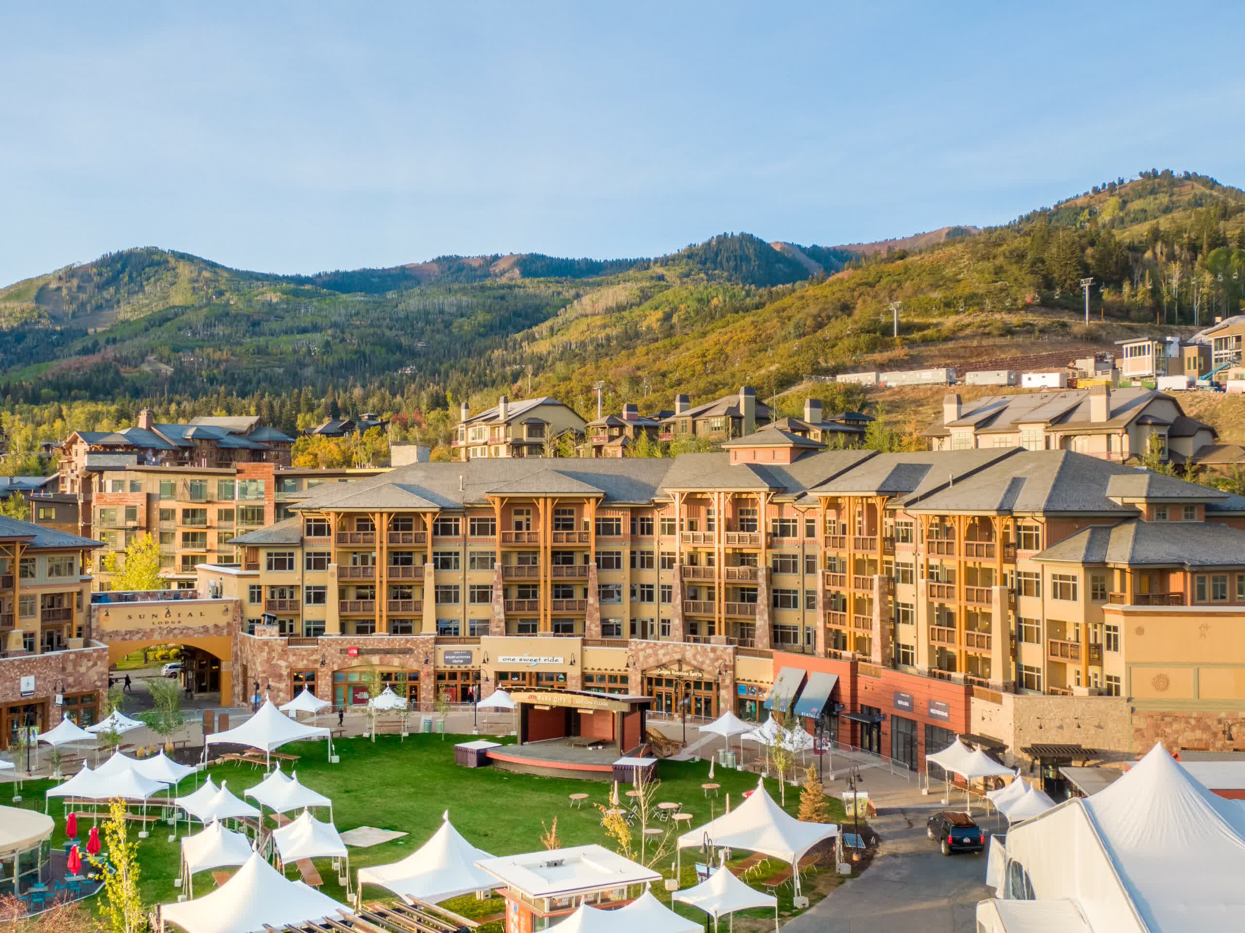 Canyons Village in winter, with the gondola and the Waldorf Astoria Park City