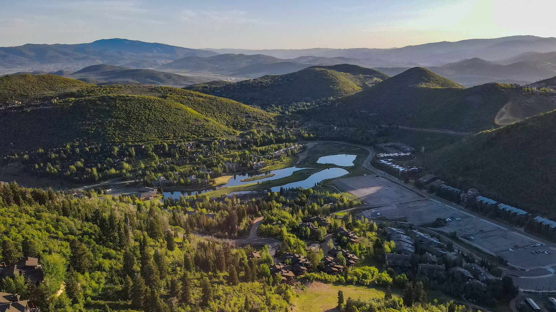 Aerial of the Snow Park base at Deer Valley, slopes above the village