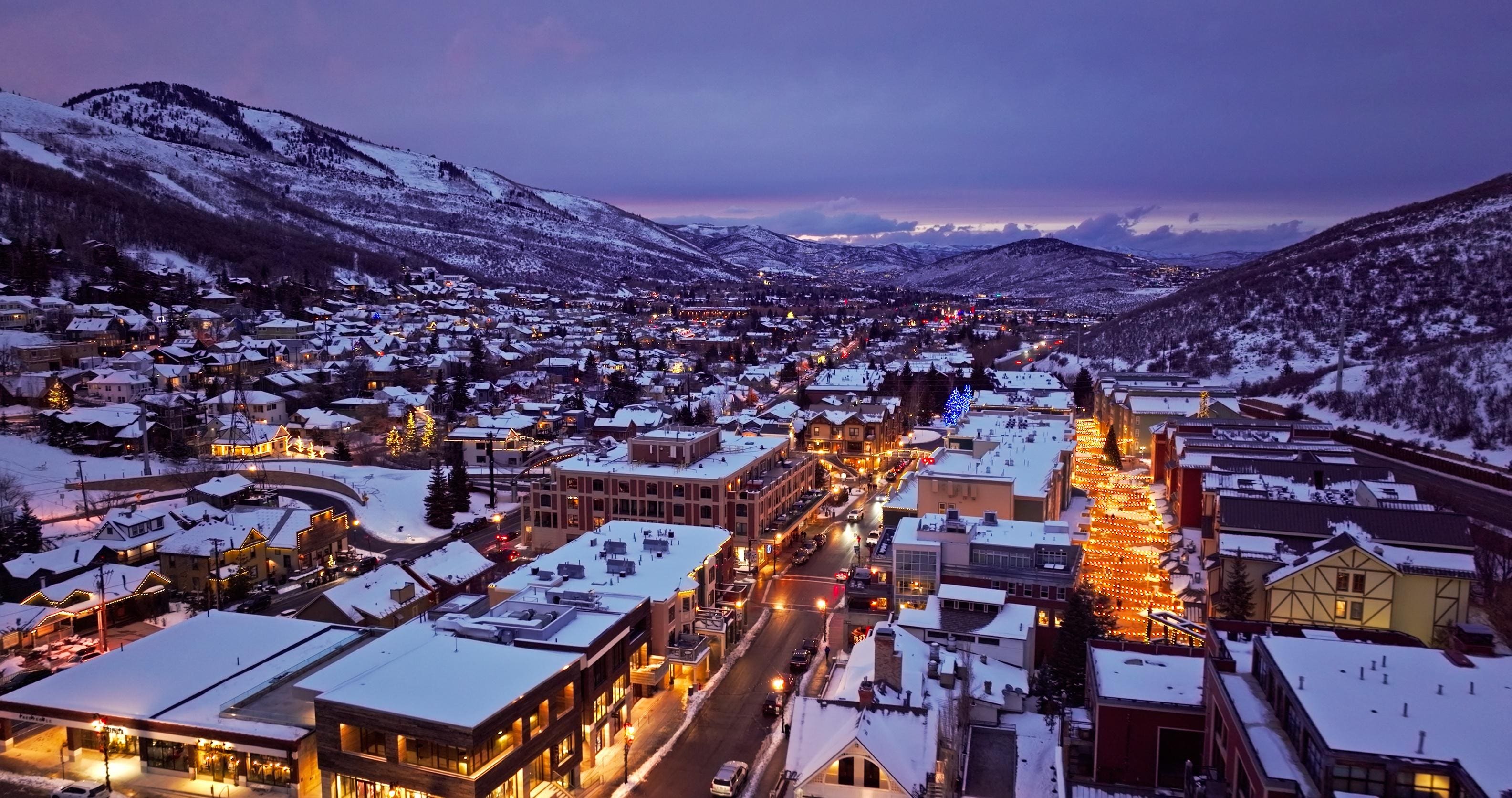 Old Town Park City and Main Street at dusk in winter