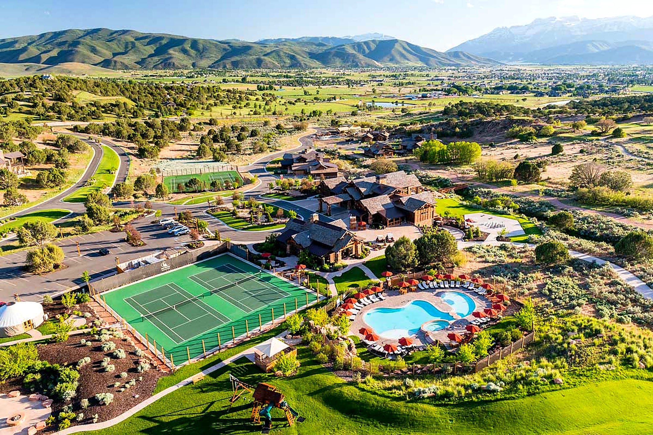 Aerial of Red Ledges amenities, pool, and tennis